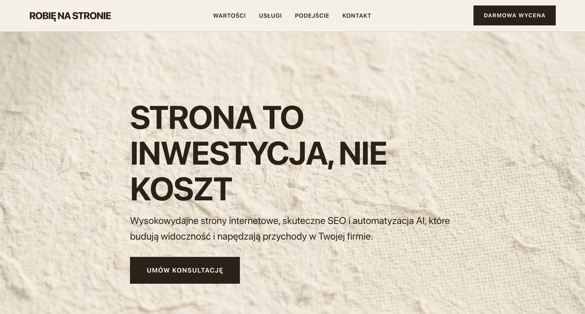 Strona wygenerowana automatycznie przez Pomelli od Google Labs na podstawie adresu robienastronie.pl — polski nagłówek, opis usług i przycisk kontaktu
