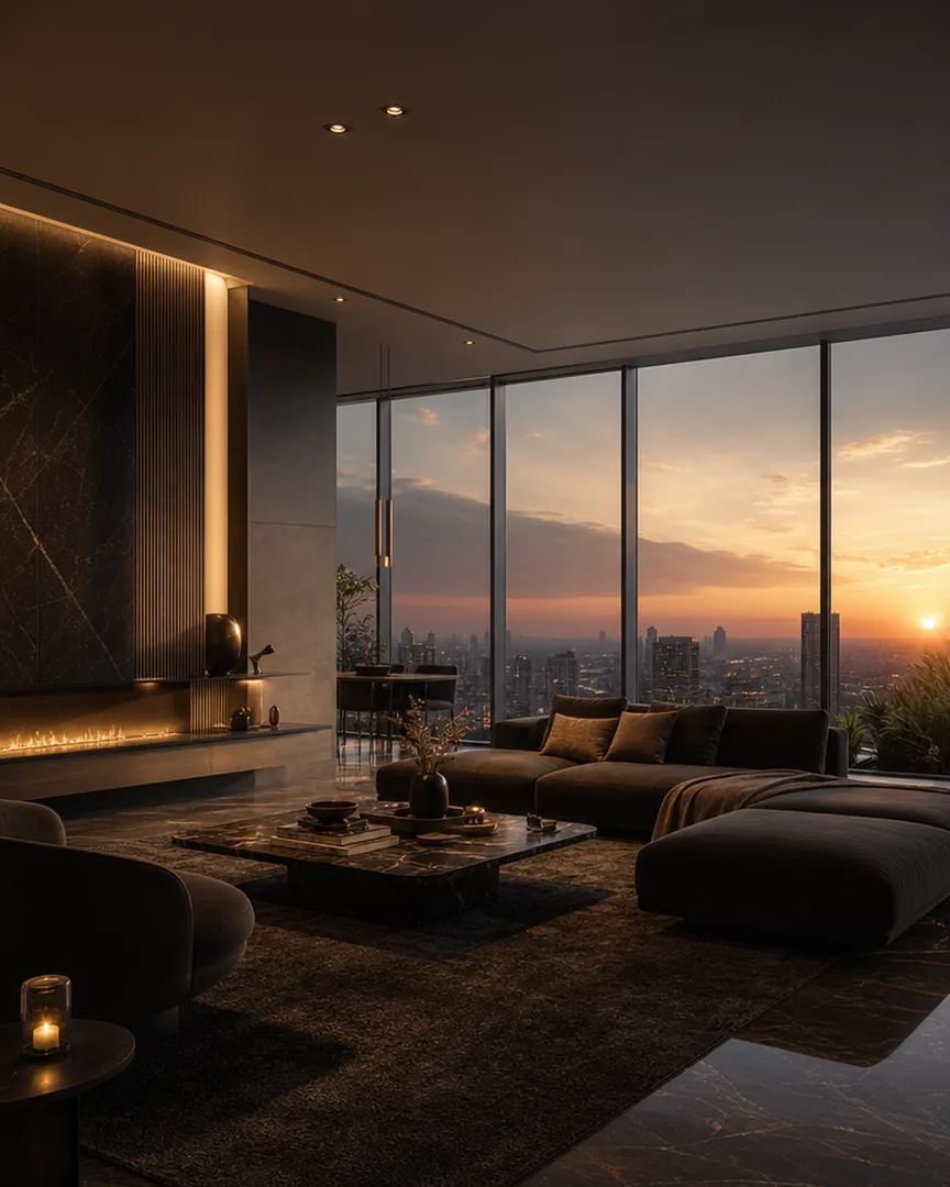 Wnętrze penthouse'u o zmierzchu
