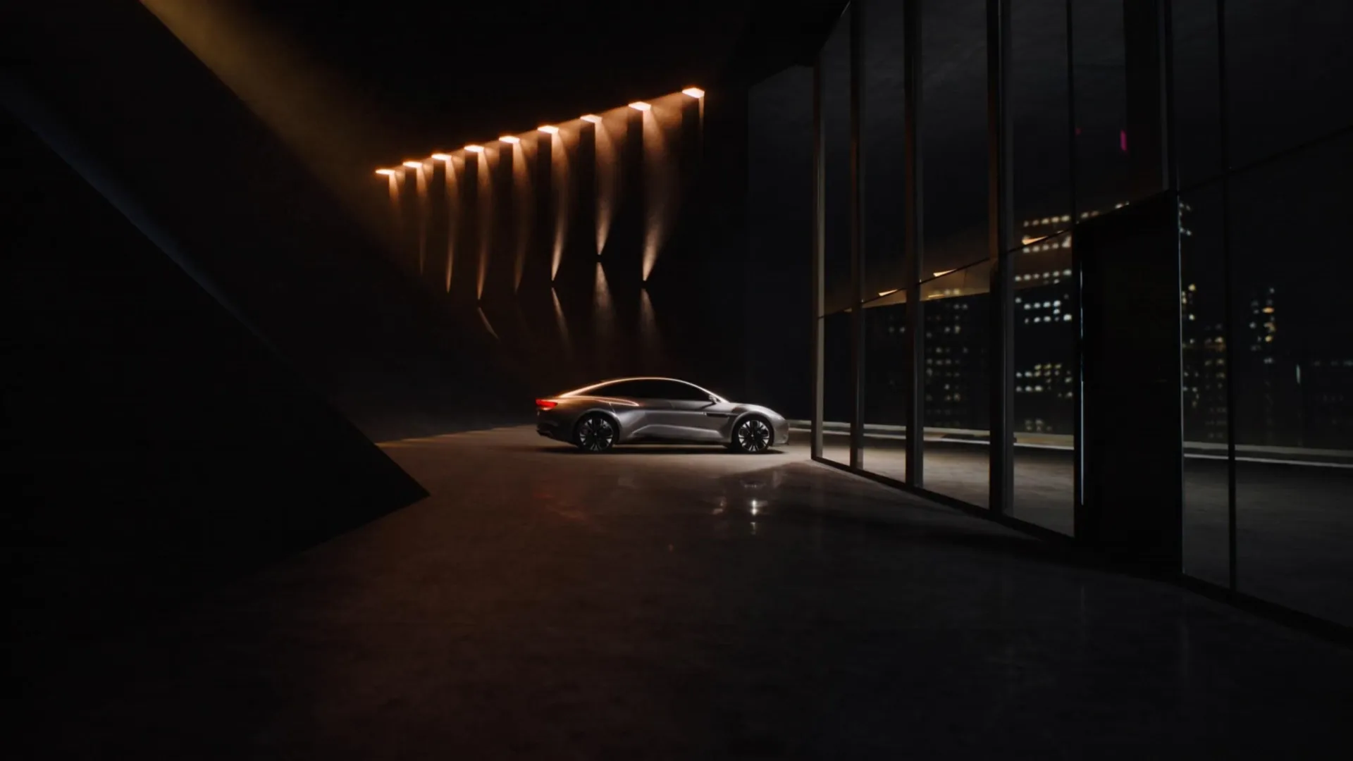 Showroom VELOX — concept car pod dramatycznym oświetleniem